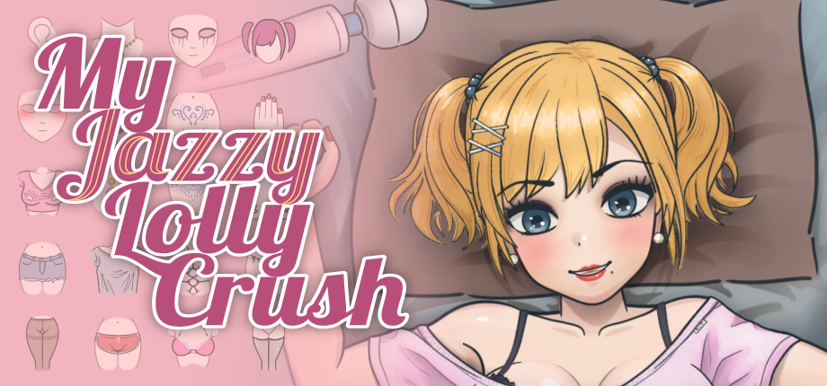 Game banner image. Contains title, portrait of smiling girl laying on the pillow, and icons of different clothes on background.